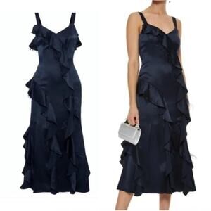 Cinq a Sept Gigi Navy Ruffle Feather Silk Satin Midi Dress
